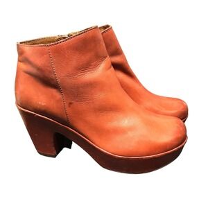 Kork-Ease Womens Orange Leather Platform Ankle Boots Size 11 Retro Block Heel